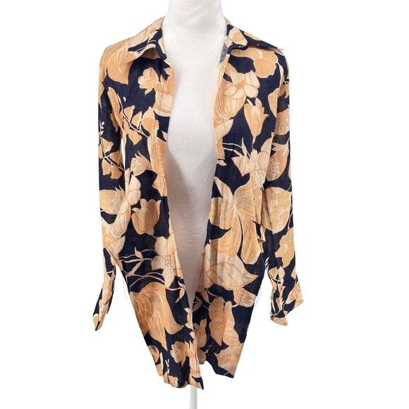 REISS Floral Tie Waist Blouse Navy Gold Large Print Size 2 EUC Linen Blend - Picture 1 of 11